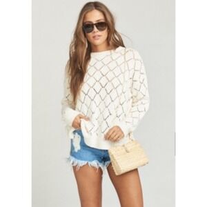 Boho Cream Knit Sweater Diamond Open Weave Long Sleeve‎ Pullover Top